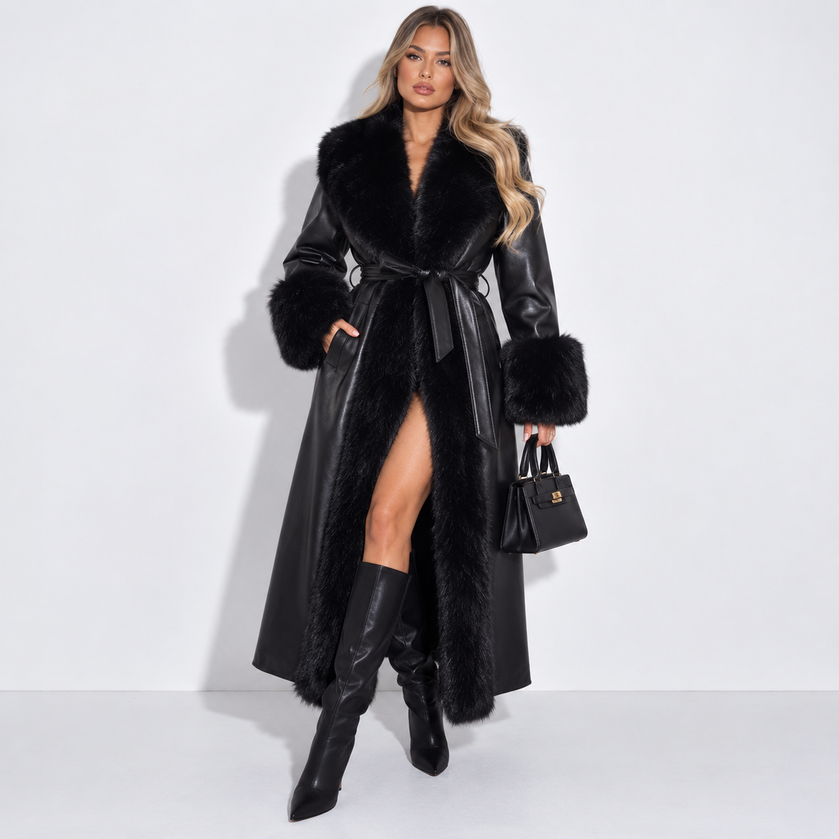 MANTEAU TRES LONG EN SIMILICUIR FOURRÉ A BORDURES EN FAUSSE FOURRURE
