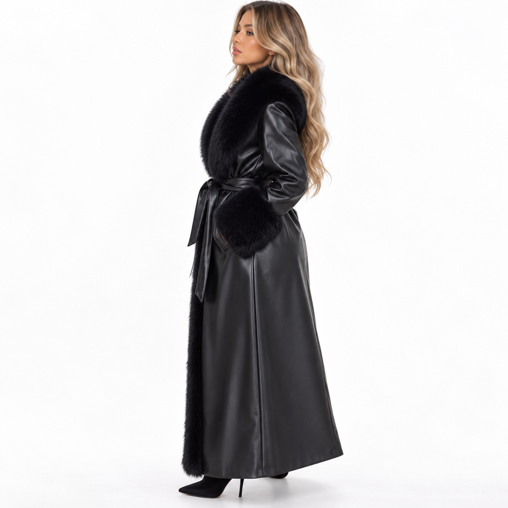 MANTEAU TRES LONG EN SIMILICUIR FOURRÉ A BORDURES EN FAUSSE FOURRURE