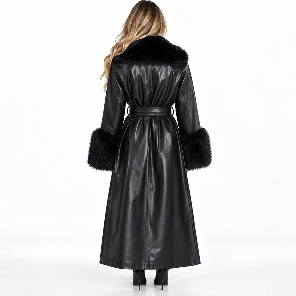 MANTEAU TRES LONG EN SIMILICUIR FOURRÉ A BORDURES EN FAUSSE FOURRURE