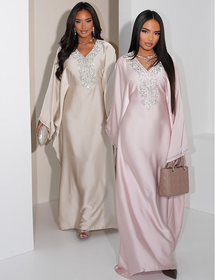 ABAYA PAPILLON A CRISTAUX BEIGE