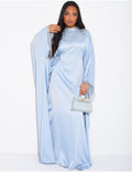 ABAYA PREMIUM EN SATIN ORNEE DE STRASS & FRANGE BLEU