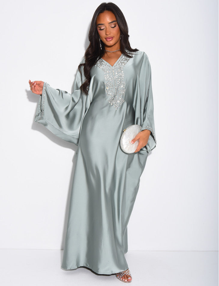 ABAYA PAPILLON A CRISTAUX VERT D'EAU