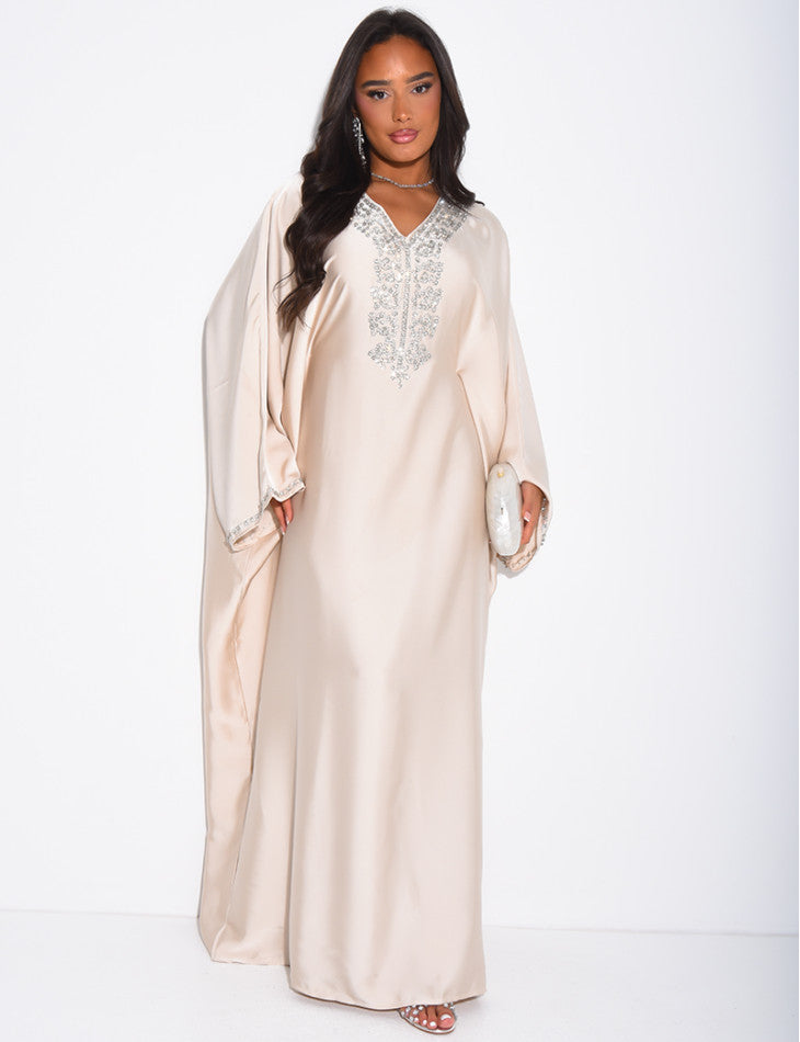 ABAYA PAPILLON A CRISTAUX BEIGE
