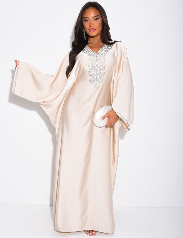 ABAYA PAPILLON A CRISTAUX BEIGE