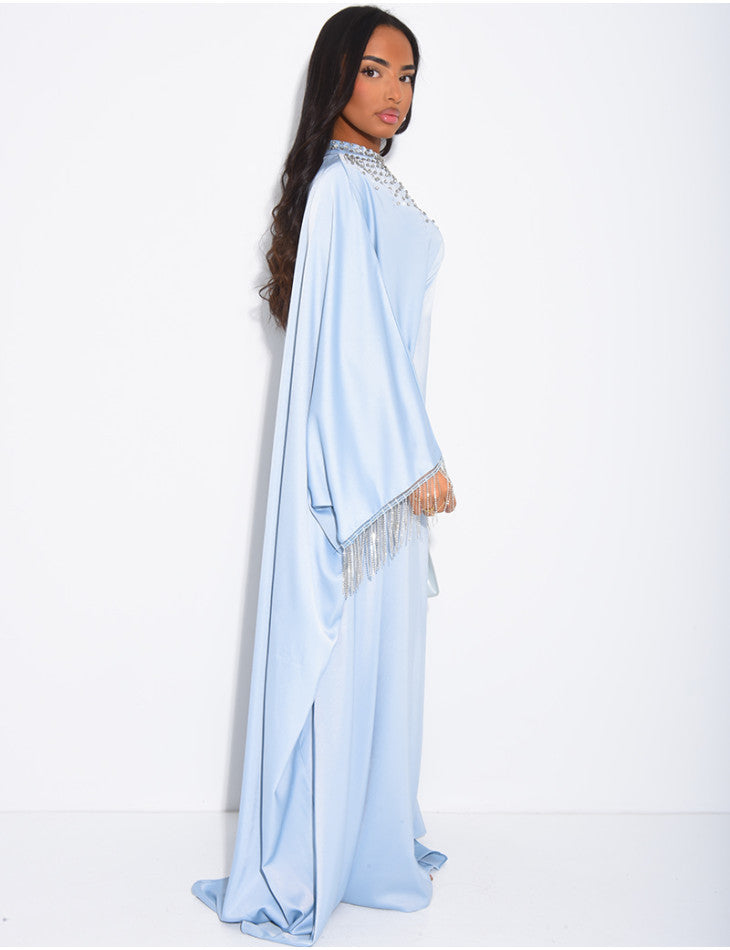 ABAYA PREMIUM EN SATIN ORNEE DE STRASS & FRANGE BLEU