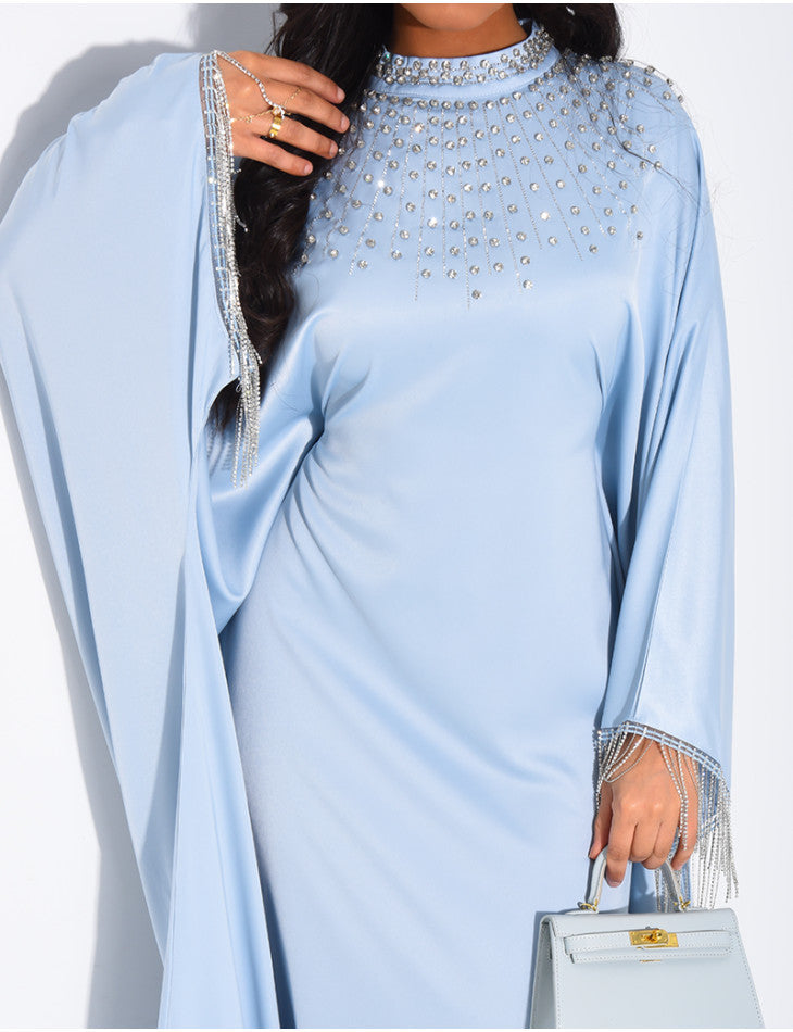 ABAYA PREMIUM EN SATIN ORNEE DE STRASS & FRANGE BLEU