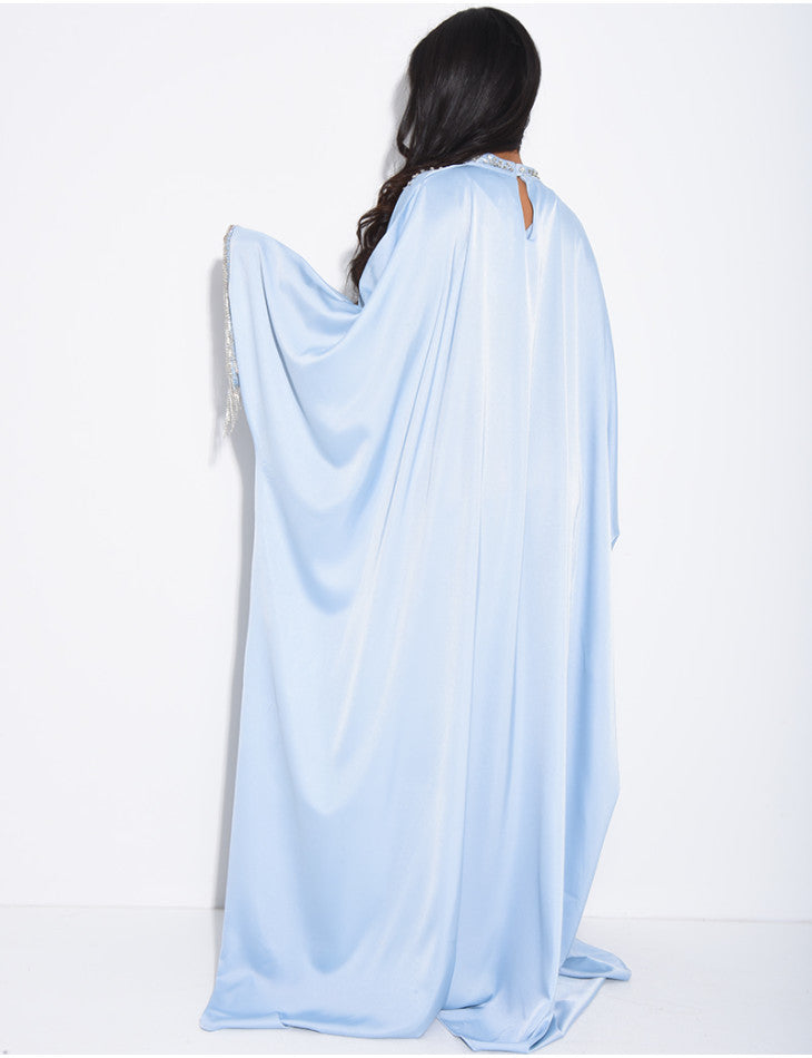 ABAYA PREMIUM EN SATIN ORNEE DE STRASS & FRANGE BLEU