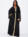 ABAYA PREMIUM EN SATIN A CRISTAUX DORÉS NOIR