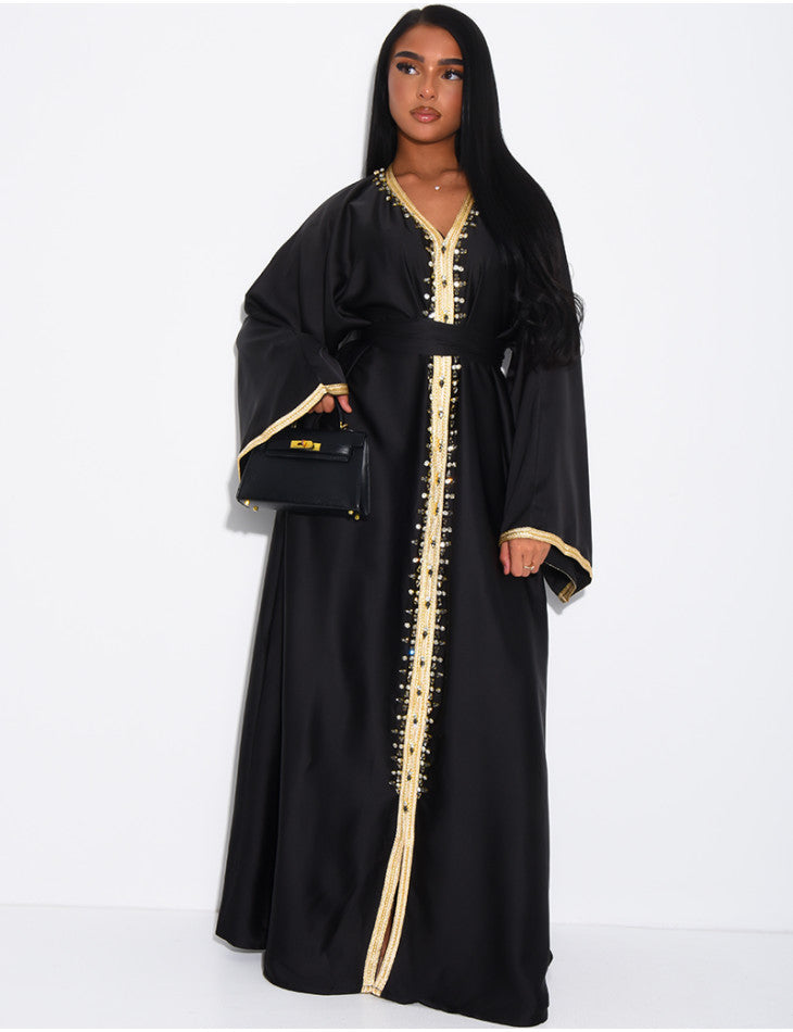 ABAYA PREMIUM EN SATIN A CRISTAUX DORÉS NOIR