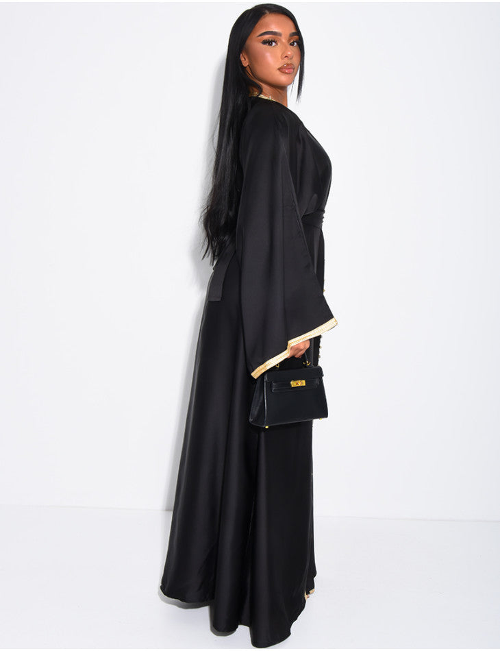 ABAYA PREMIUM EN SATIN A CRISTAUX DORÉS NOIR
