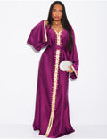 ABAYA PREMIUM EN SATIN A CRISTAUX DORÉS PRUNE