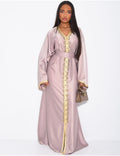 ABAYA PREMIUM EN SATIN A CRISTAUX DORÉS TAUPE