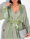 ENSEMBLE PREMIUM ROBE SANS MANCHE ET KIMONO A CRISTAUX VERT