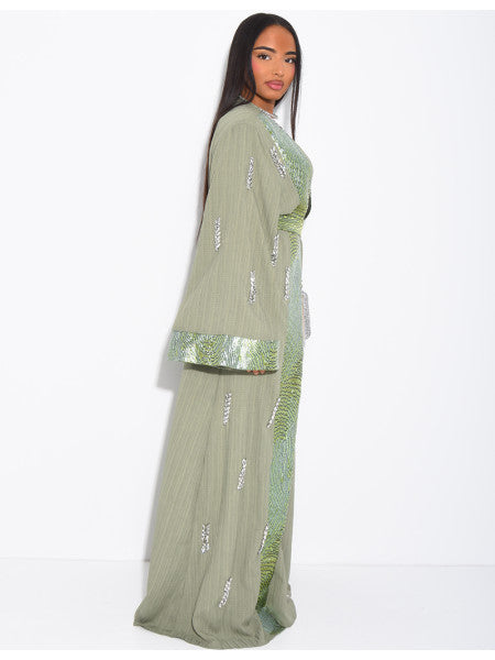 ENSEMBLE PREMIUM ROBE SANS MANCHE ET KIMONO A CRISTAUX VERT