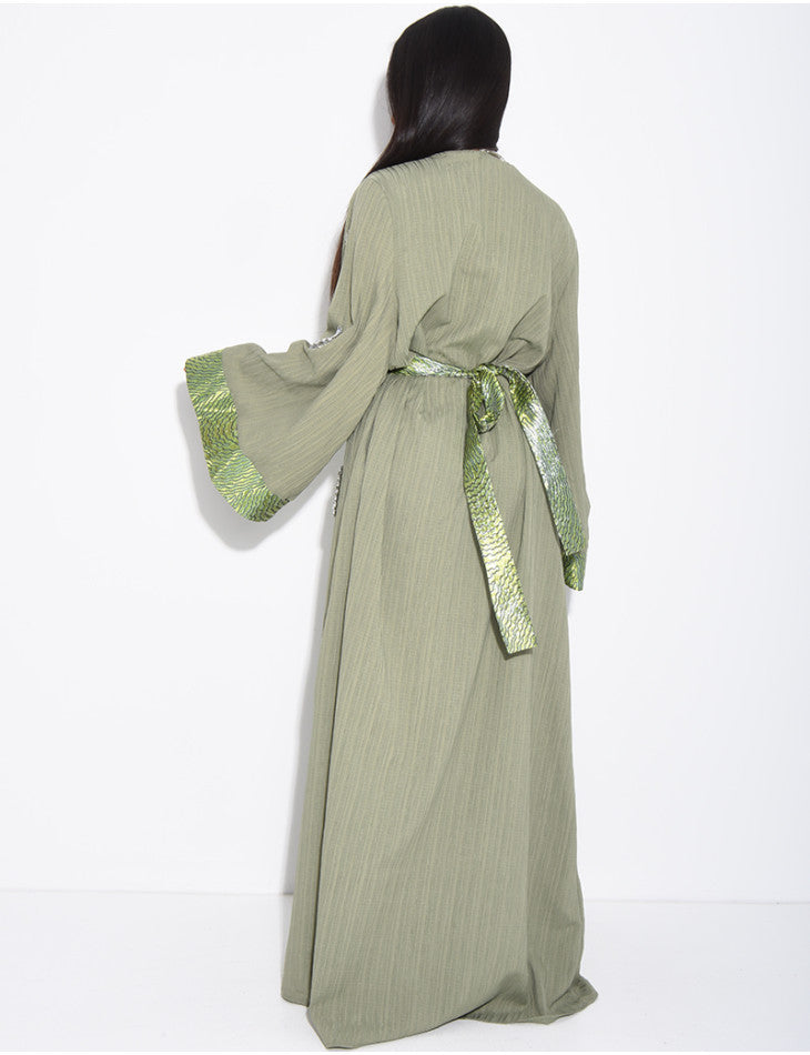 ENSEMBLE PREMIUM ROBE SANS MANCHE ET KIMONO A CRISTAUX VERT