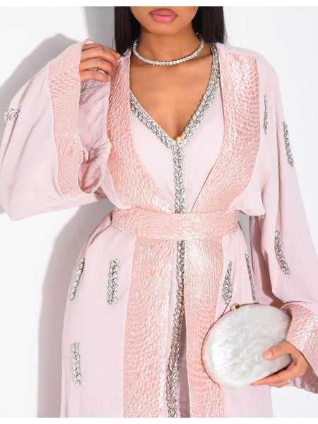 ENSEMBLE PREMIUM ROBE SANS MANCHE ET KIMONO A CRISTAUX ROSE
