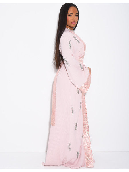 ENSEMBLE PREMIUM ROBE SANS MANCHE ET KIMONO A CRISTAUX ROSE