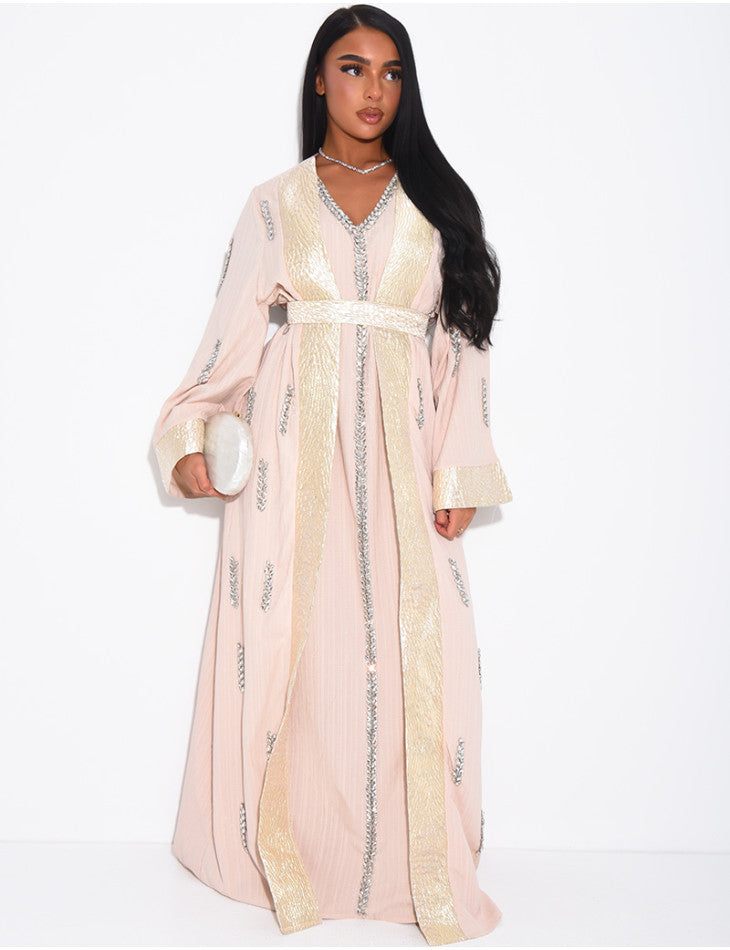 ENSEMBLE PREMIUM ROBE SANS MANCHE ET KIMONO A CRISTAUX BEIGE