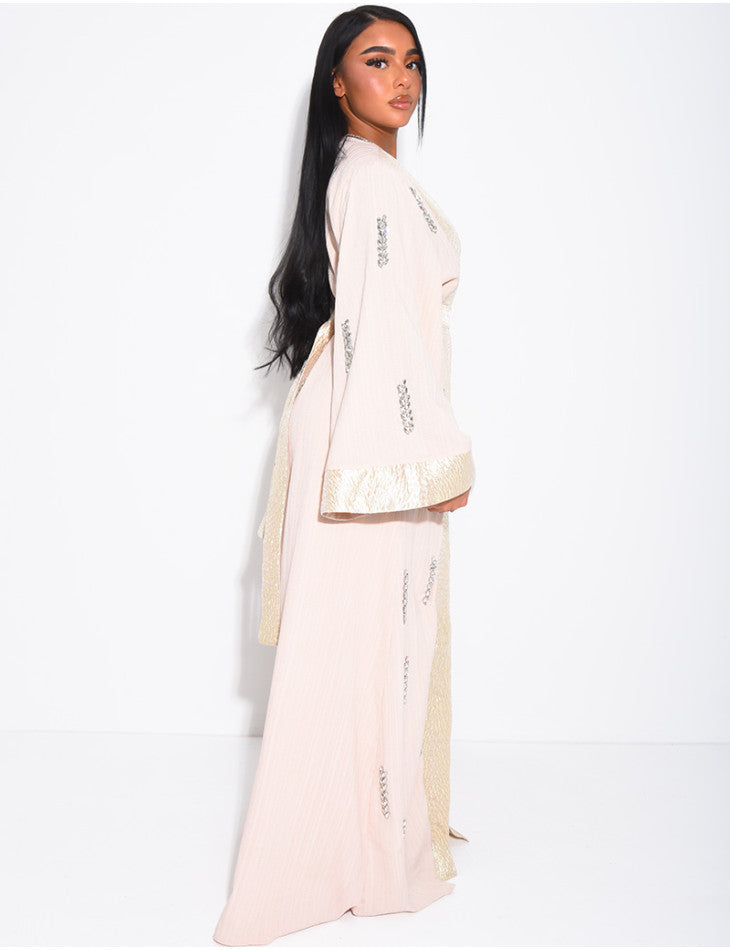 ENSEMBLE PREMIUM ROBE SANS MANCHE ET KIMONO A CRISTAUX BEIGE