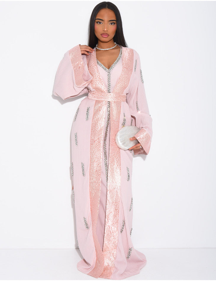 ENSEMBLE PREMIUM ROBE SANS MANCHE ET KIMONO A CRISTAUX ROSE