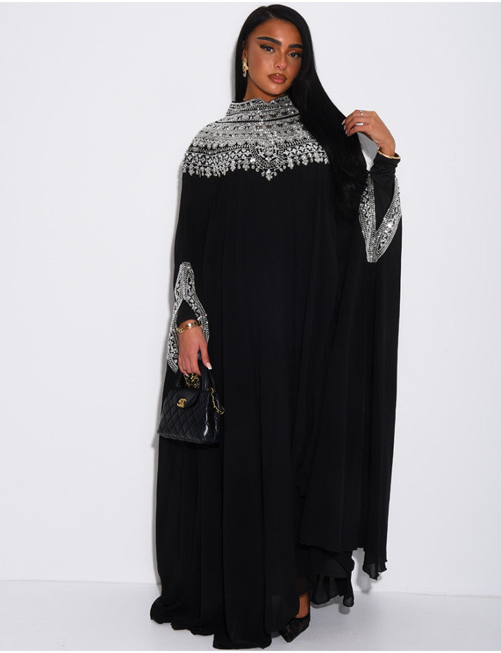 ABAYA EN MOUSSELINE ORNÉE DE STRASS NOIR