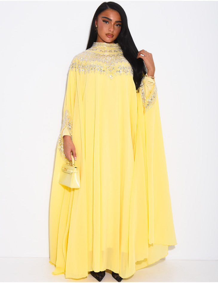 ABAYA EN MOUSSELINE ORNÉE DE STRASS JAUNE