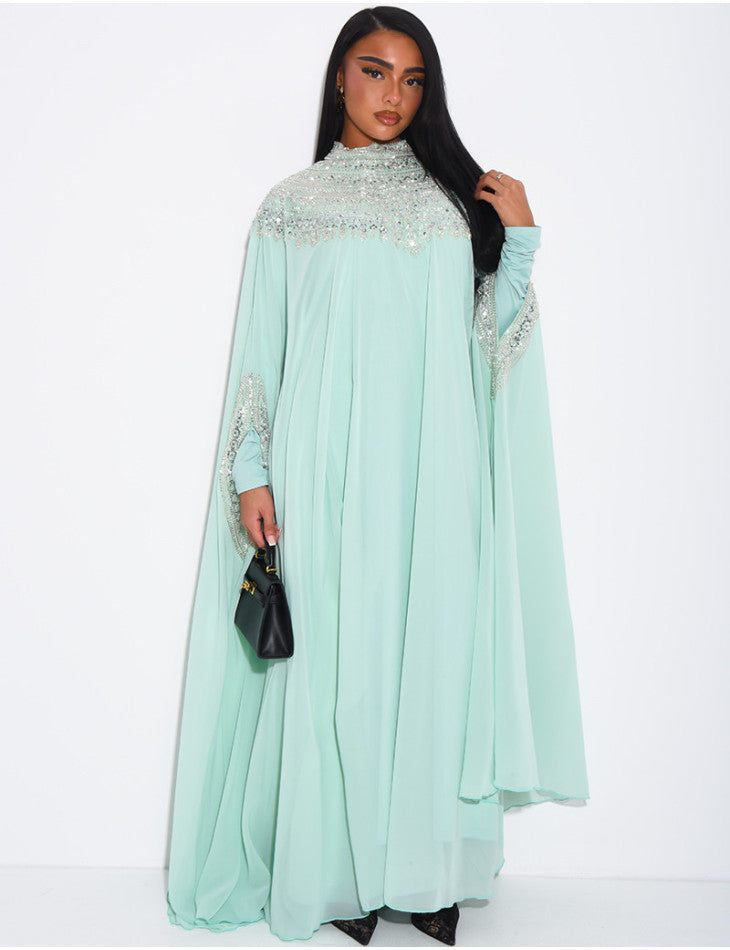 ABAYA EN MOUSSELINE ORNÉE DE STRASS VERT D'EAU