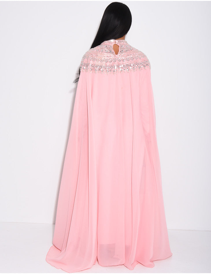 ABAYA EN MOUSSELINE ORNÉE DE STRASS ROSE