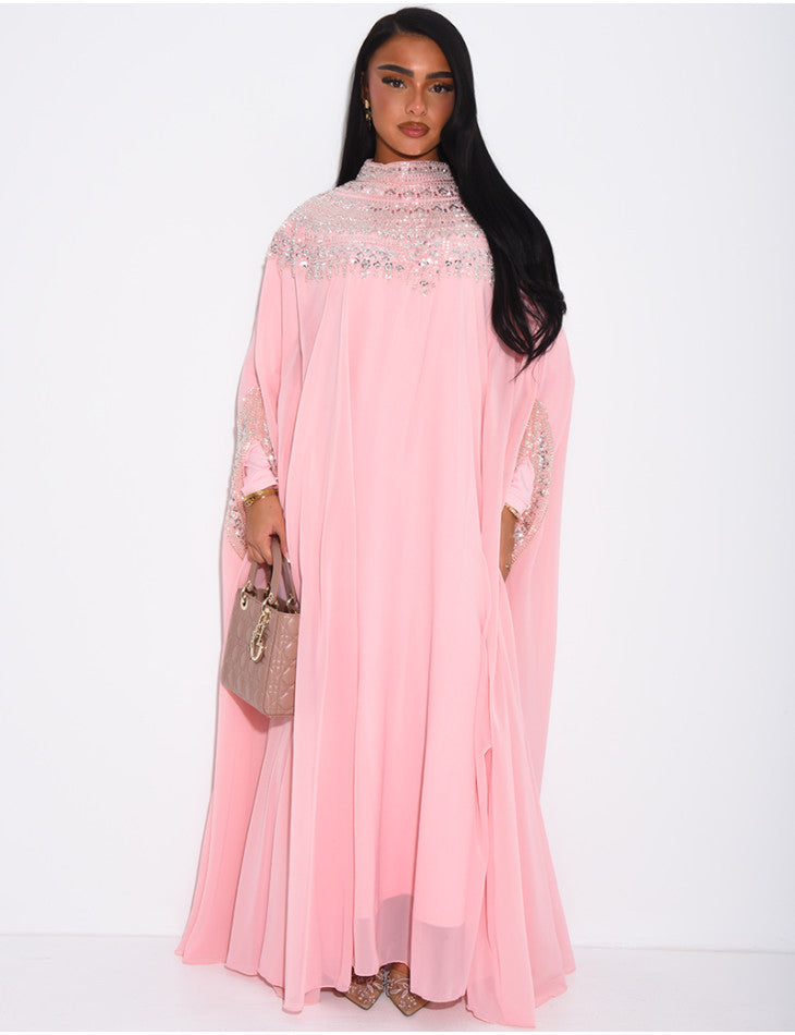 ABAYA EN MOUSSELINE ORNÉE DE STRASS ROSE