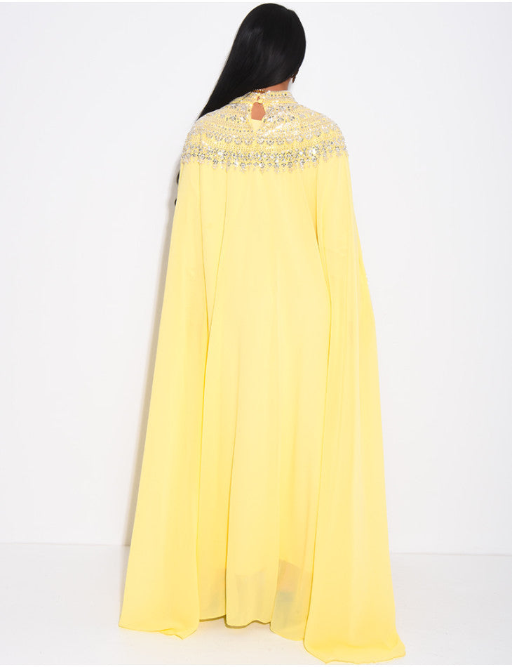 ABAYA EN MOUSSELINE ORNÉE DE STRASS JAUNE