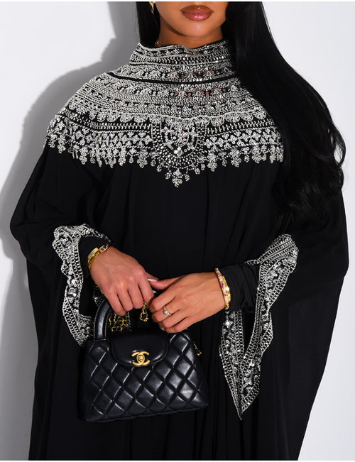 ABAYA EN MOUSSELINE ORNÉE DE STRASS NOIR
