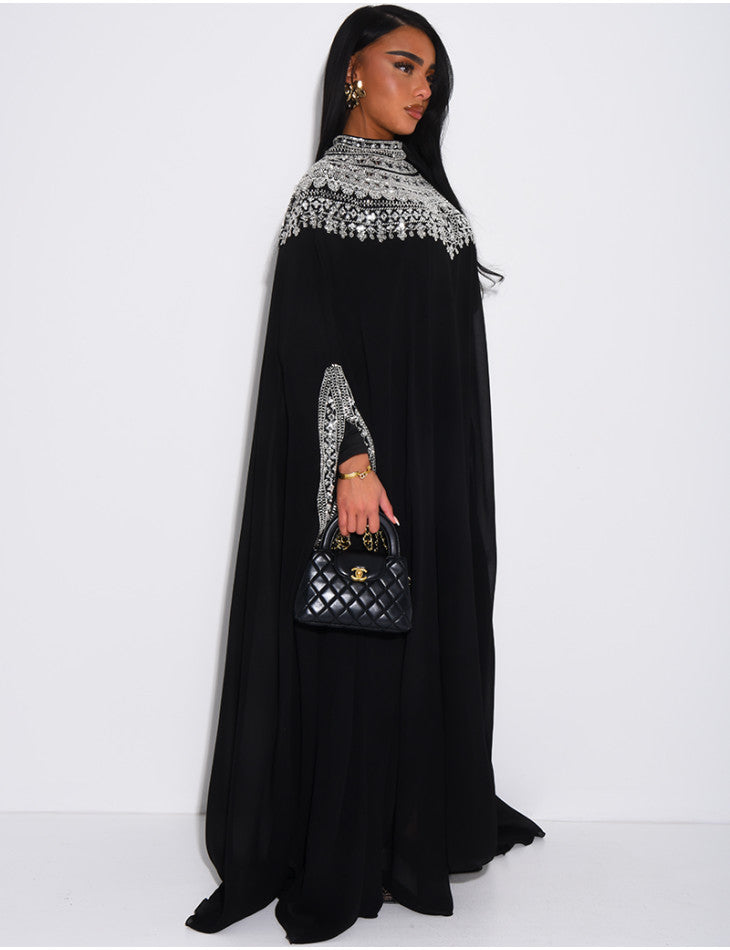 ABAYA EN MOUSSELINE ORNÉE DE STRASS NOIR