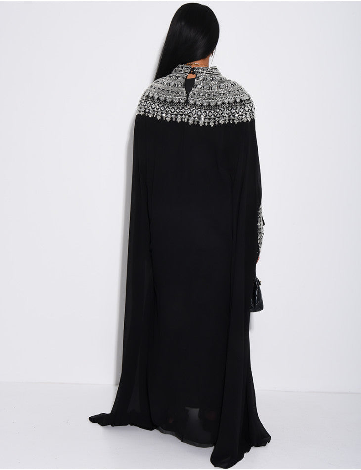 ABAYA EN MOUSSELINE ORNÉE DE STRASS NOIR