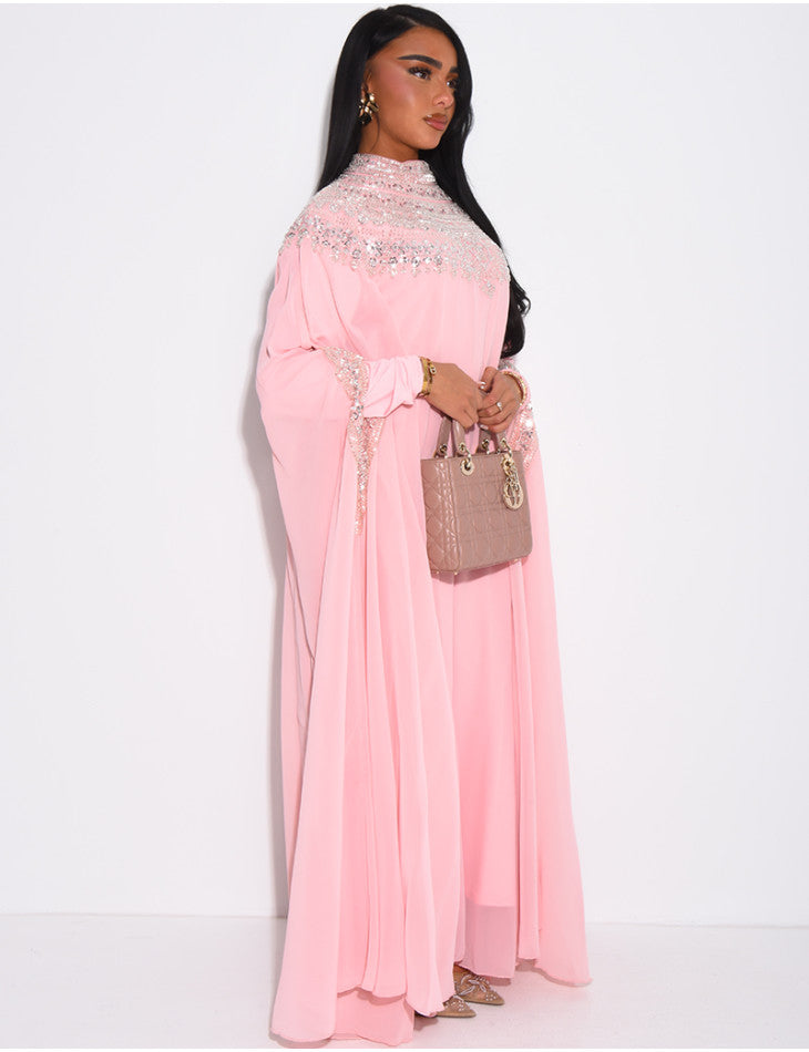 ABAYA EN MOUSSELINE ORNÉE DE STRASS ROSE