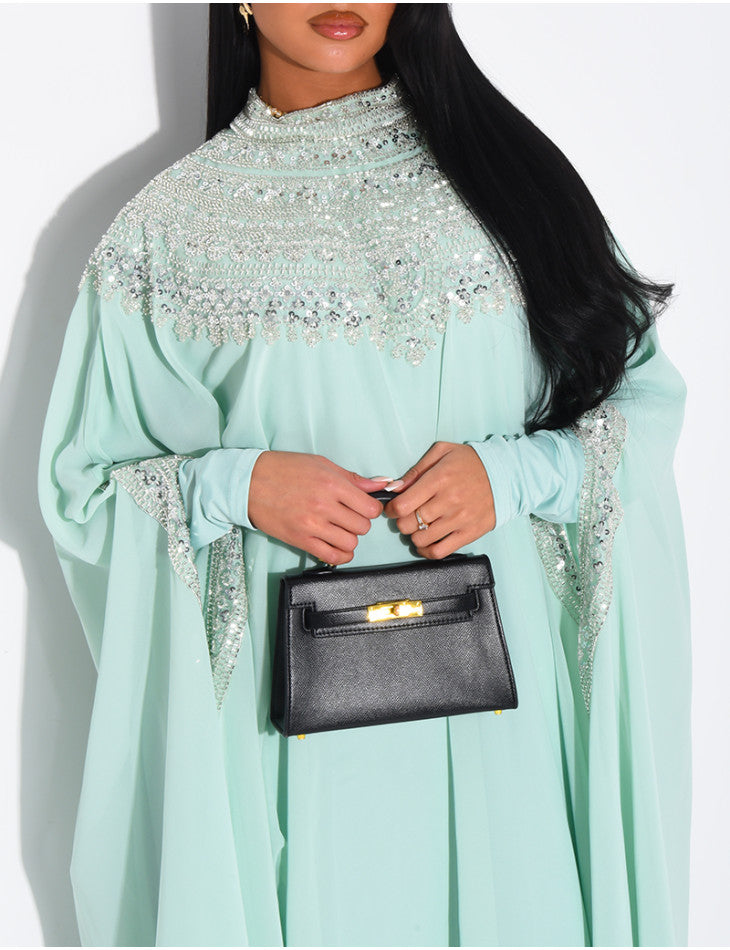 ABAYA EN MOUSSELINE ORNÉE DE STRASS VERT D'EAU