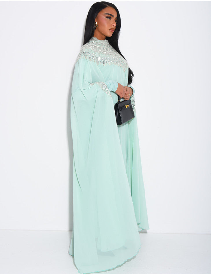 ABAYA EN MOUSSELINE ORNÉE DE STRASS VERT D'EAU