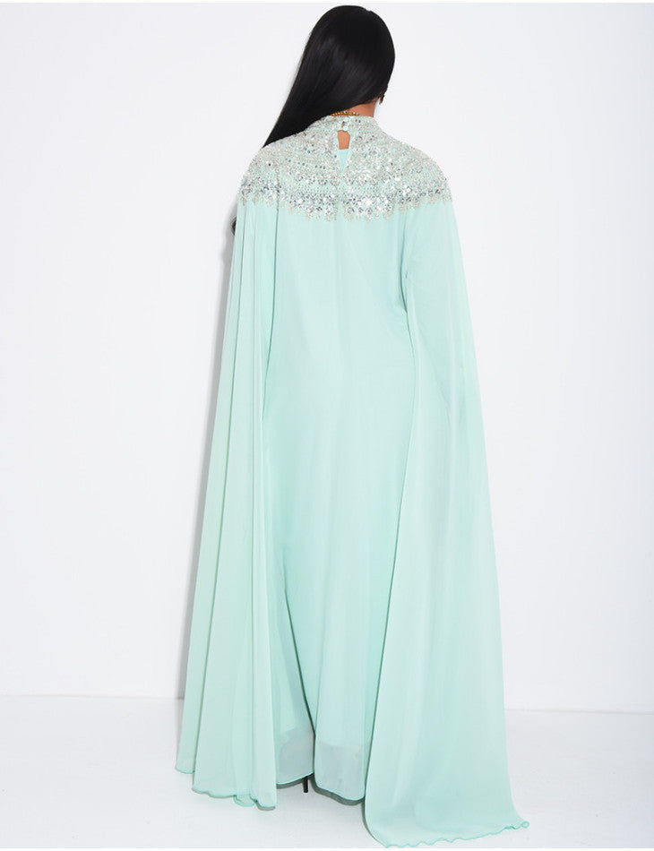 ABAYA EN MOUSSELINE ORNÉE DE STRASS VERT D'EAU