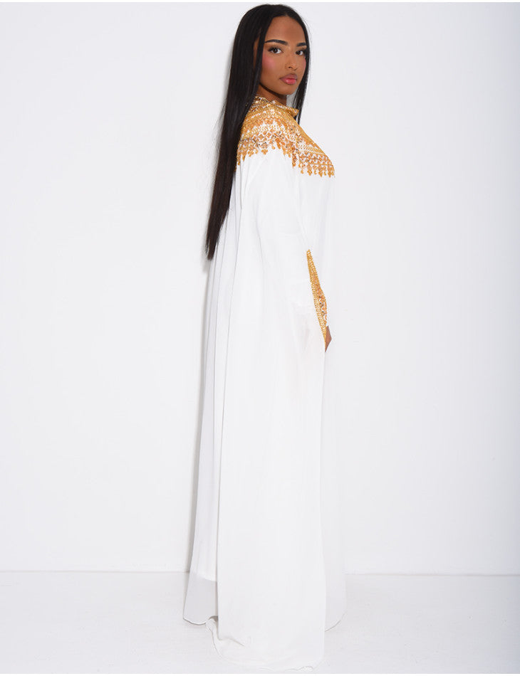 ABAYA EN  MOUSSELINE  ORNÉE DE STRASS BLANC