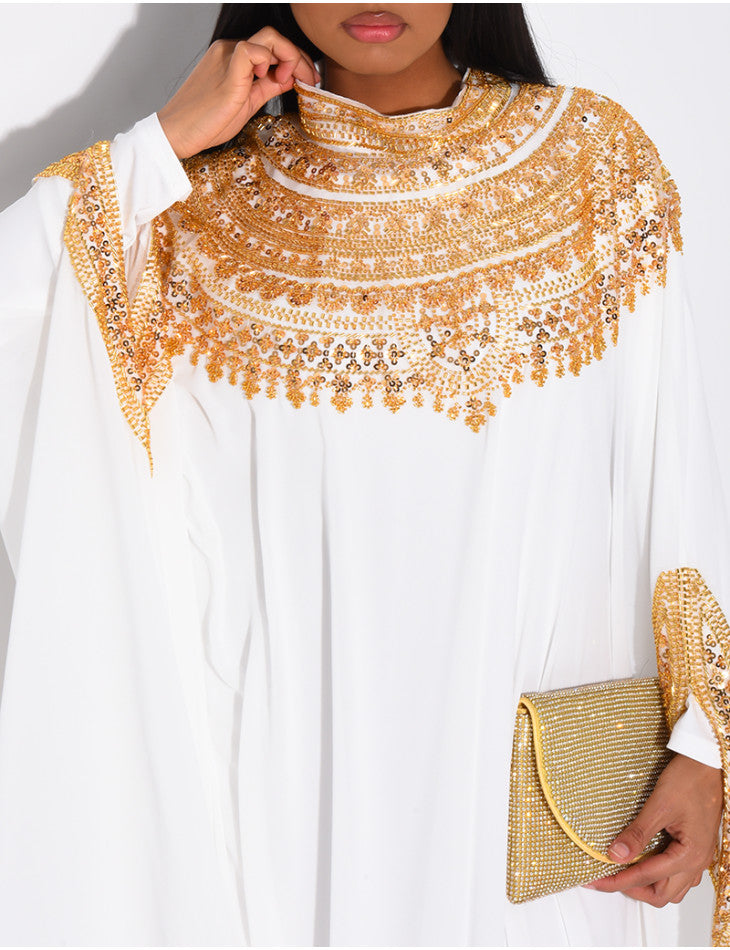ABAYA EN  MOUSSELINE  ORNÉE DE STRASS BLANC
