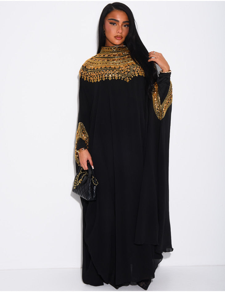ABAYA EN MOUSSELINE ORNÉE DE STRASS NOIR