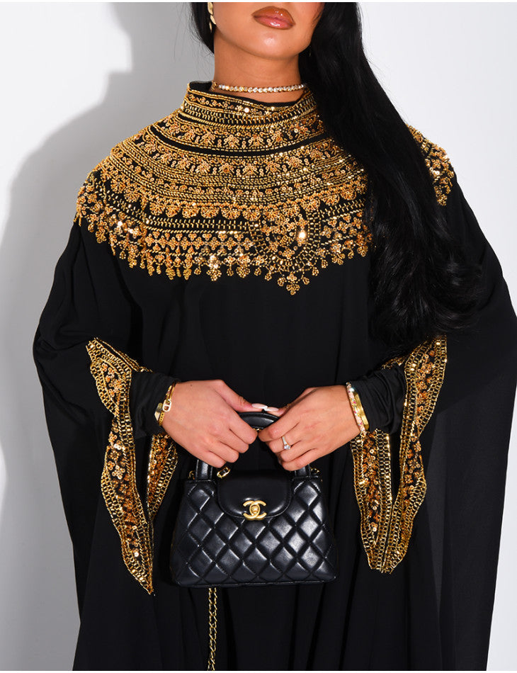 ABAYA EN MOUSSELINE ORNÉE DE STRASS NOIR
