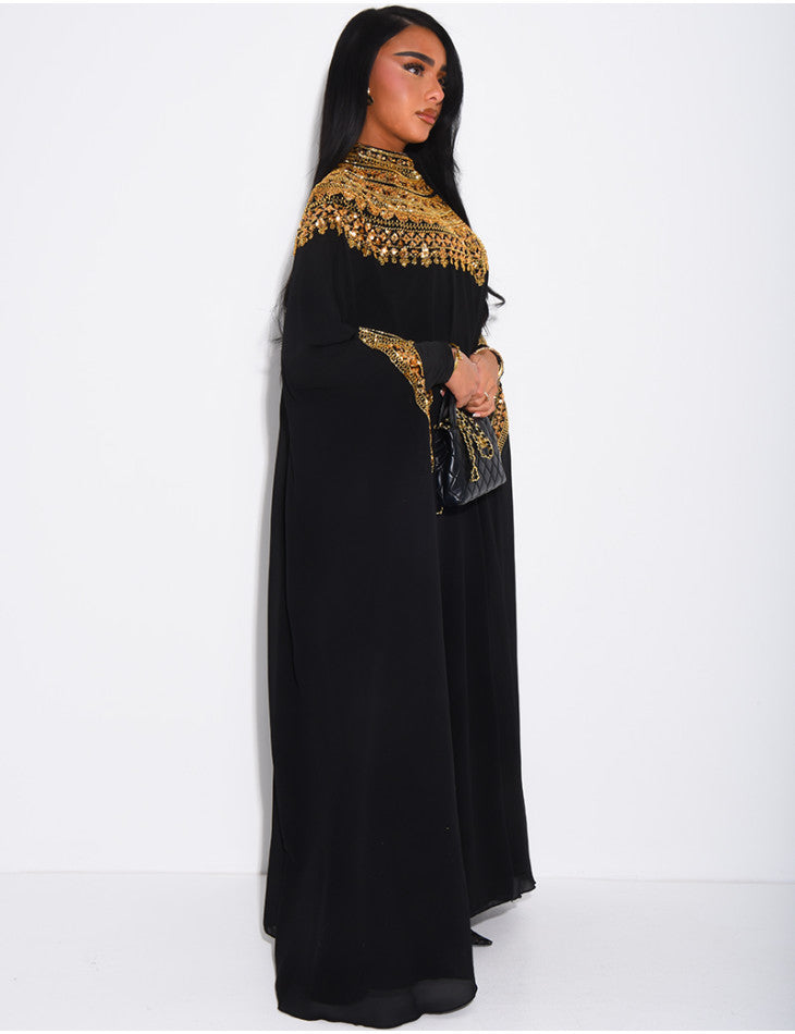 ABAYA EN MOUSSELINE ORNÉE DE STRASS NOIR